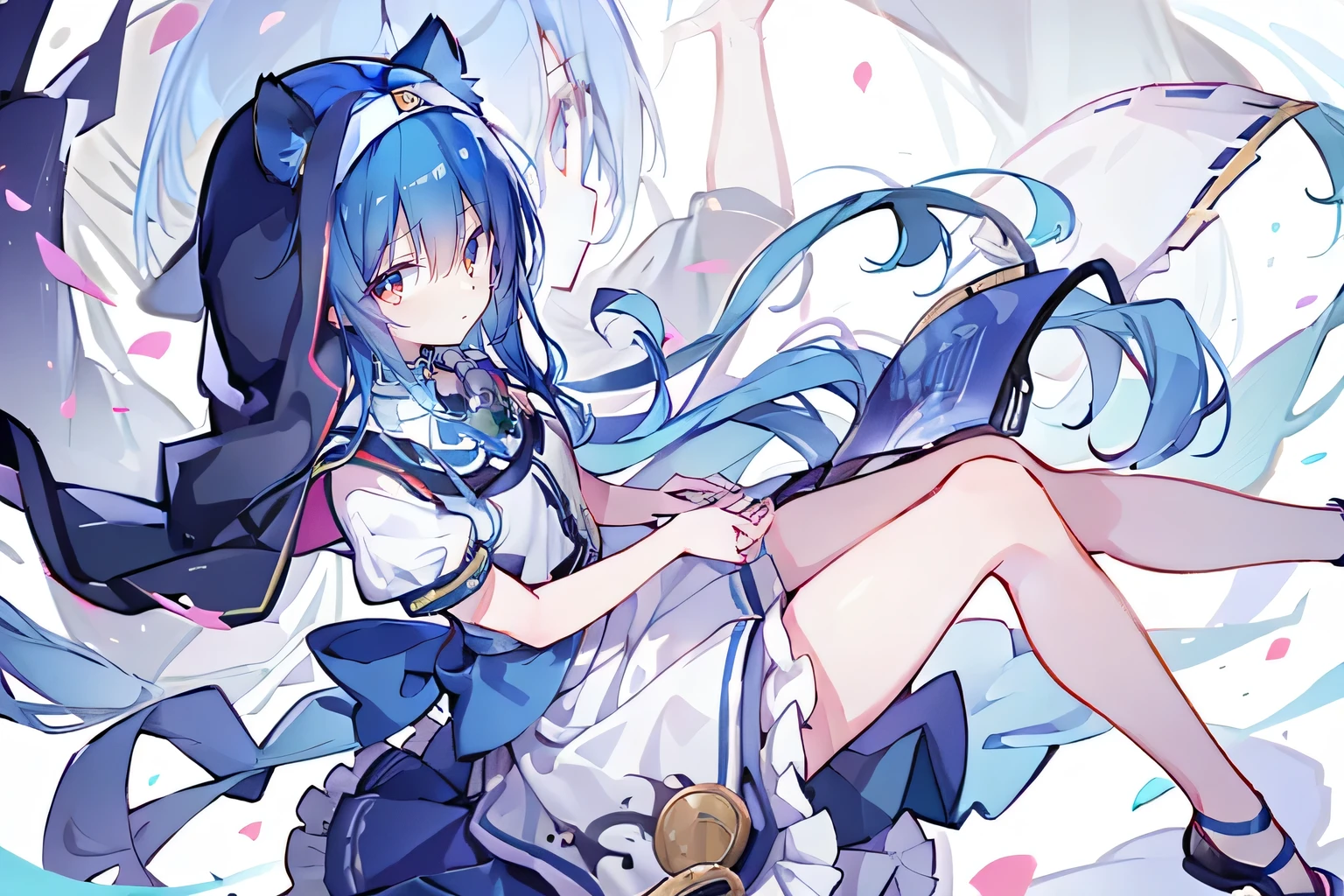 (masterpiece:1.2),Extremely detailed,Practical,expressive eyes,Fair skin,Perfect face shaping,1 Girl,
Japanese cartoons,Gorgeous blue hair, the long flowing blue hair,Floating clothes,Cat ears,Petals fall,beautiful lola,Young Angel,
Place your hands on your waist,sit elegantly on the ground,Cross your legs,Gentle and peaceful background,stately church,nun.