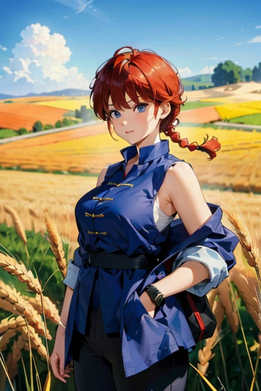 ((masterpiece)), high quality, very_high_resolution, large_filesize, full color, heavy outline, clear outline, colorful, (beautiful detailed eyes), (beautiful face:1.3), (boyish face), 1 girl, (femaleranma), (red hair), short hair, (braided ponytail), ((bangs)), bumpy bangs, blue-gray eyes, big breasts, curvy, black-wristbands, femaleranma, braided ponytail, chinese clothes, sleeveless, tangzhuang, black pants, cameltoe, standing, upper body, front view, (8k, RAW photo, best quality, masterpiece:1.2), RanmaChan, RanmaRedShirt, blue pants (masterpiece, best quality:1.2), 1 girl, Solitary one woman、cute face、Also々new expression、Japanese、charming eyes、cream hair、french braid、18-year-old、gray eyes、camisole dress、blue jacket、outdoors、Alsoとした佇まい、wheat field