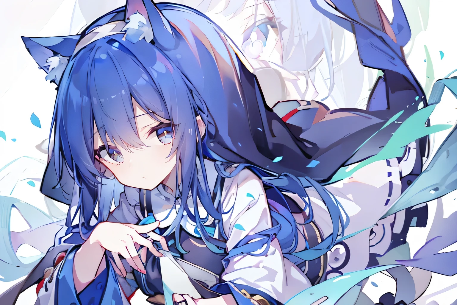 (masterpiece:1.2),Extremely detailed,Practical,expressive eyes,Fair skin,Perfect face shaping,1 Girl,
Japanese cartoons,Gorgeous blue hair, the long flowing blue hair,Floating clothes,Cat ears,Petals fall,beautiful lola,Young Angel,
Place your hands on your waist,sit elegantly on the ground,Cross your legs,Gentle and peaceful background,stately church,nun.