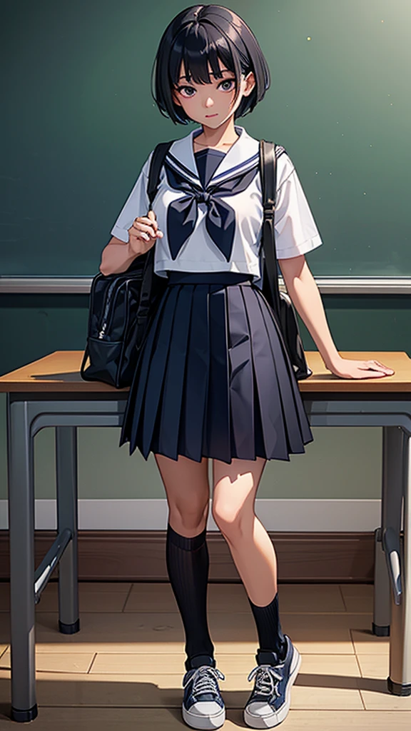 Beautiful attention to detail, Beautiful lip detail, Very detailed目と顔, Long eyelashes, 1 girl, Face close-up, inside the School, In the classroom, 18-year-old, Sweat, Dark skin, (Black hair pixie cut),dissatisfaction, Sulky, Sailor suit, Dark Blue, White shirt, Short sleeve, School, Dark Blue Skirt, Black Skirt, Knee-high socks, sneakers, School bag, Highest quality, 4K, 8k, High resolution, masterpiece:1.2, Very detailed, Realistic, photoRealistic, photo-Realistic:1.37, High resolution, 超High resolution, Studio Lighting, Ultra-fine painting, Sharp focus, Physically Based Rendering, Very detailed説明, Professional, Vibrant colors, Bokeh, Portraiture