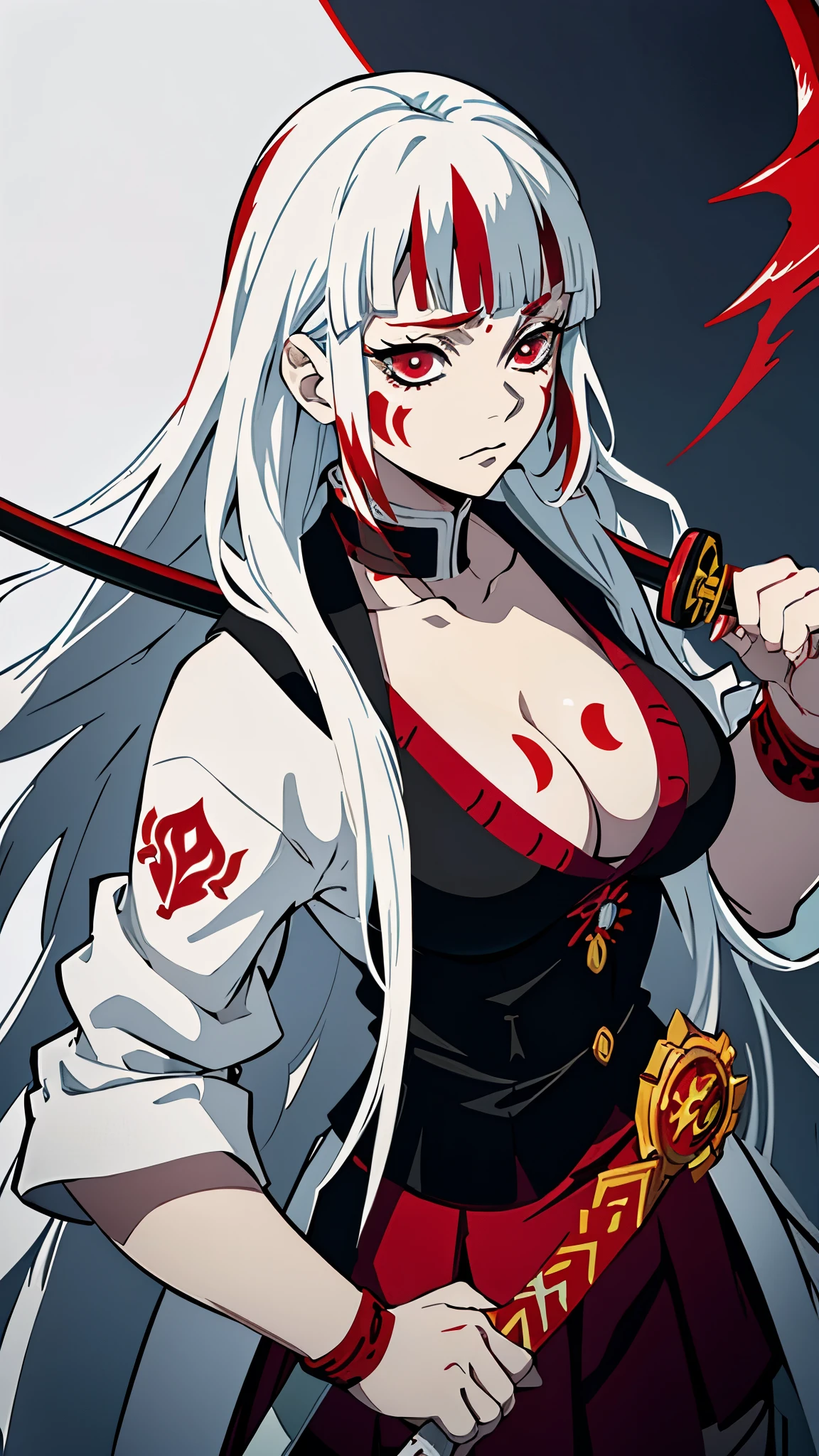 Kimetsu no Yaiba style, 1 mature, girl, red face markings, face tattoos, red eyes, a hashira, pretty, side bangs, red and white hair, white hair with red tips, red and white ombre hair, stylized hair, long hair, annoyed expression, noble, Pillar Demon Slayer, holding a sword, wearing black demon slayer uniform, black clothing, holding a red katana, large breasts, big breasts, cleavage showing, cleavage