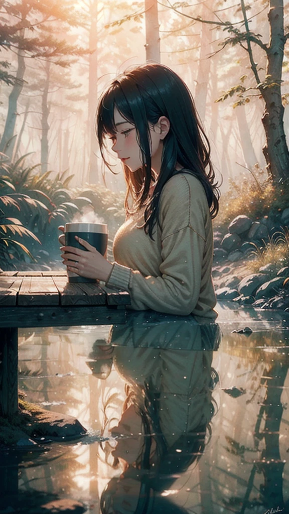 In the soft morning light of winter, a couple sits bathed in sunlight outside their rustic forest house. The man and woman, both bundled in cozy sweaters and sipping steaming mugs of coffee, are surrounded by a serene wilderness. The scene captures a peaceful and intimate moment, frozen in time like a beautifully detailed painting. The exquisite details of the couple's expressions, the delicate frost on the trees, and the play of light and shadow create a vivid and captivating image that radiates warmth and love. Moody color Anime style look