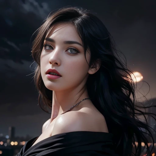 masterpiece, best quality,, sexy women, (colorful),(finely detailed beautiful eyes and detailed face),cinematic lighting,bust shot,extremely detailed CG unity 8k wallpaper,wavy hair,solo,angry face,red dress,((flying petal)), sky, cloudy_sky, building, moonlight, moon, night, (dark theme:1.3), light, fantasy,