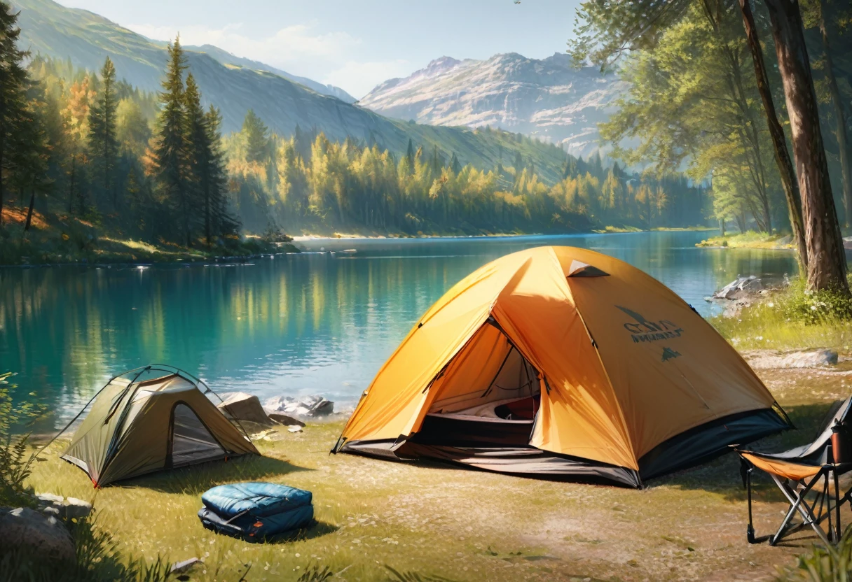 lake,camp site,The view is great.,tent,Camping Goods,Highest quality, 8k, High resolution, masterpiece:1.2, Very detailed, Realistic:1.37, High resolution, 超High resolution, Very detailed, Professional, Vibrant colors