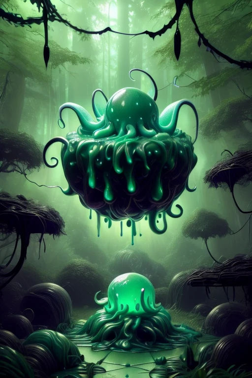 Slime monster, amorphous slime of monstrous colors ,Slime creature with tentacles and many mouths, Shub-Niggurath , in the middle of the forest
masterpiece,Highest quality,8k,High resolution,
Fantastic,scary,horrific,Cosmic horror
Please draw a amorphous Shub-Niggurath from H.P. Lovecraft. A black goat that only has 4 goat legs. On top on the goat legs is a body that has amorphous tentacle's that are slimy. Eldritch forest with viscous slime. Slime monster bubbling in the forest, many hybreed creatures born from the slime monster. brooding dark forst, madness of slime, slime bubbling and pulsating. trees covered by the slime. Monster slime.