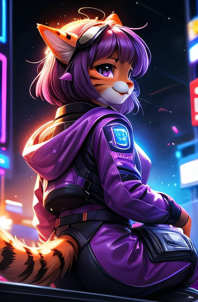 ASCIIrealistic, masterpiece, (three quarter back) view, backside, over the shoulder, above shot, cute (female (anthro ((orange/tabby) cat))) glossy fur, purple eyes, sitting in a purple car ((short messy purple hair, short bangs)), (hot pink and purple space suit | latex alien suit, utility space suit with many straps and stickers), racing stickers, tubes, tactical patches, retrofuturistic accessories, goggles, closed mouth, uploaded on e621, (by Hasui Kawase:0.5), by Barbara Takenaga, by Affandi, by Beatrice Ethel Lithiby, by Catcouch, FurryCore, nighttime, colored magical lights, dim lighting, fluro neons, hot pink and purple aesthetic, cyber tokyo city at night, realistic, 8k uhd, high quality, high quality photography, 3 point lighting, flash with softbox, 4k, Canon EOS R3, hdr, smooth, sharp focus, high resolution, award winning photo, 80mm, f2.8, bokeh, cinematic composition, cinematic lighting,highly detailed, masterpiece, best quality, realistic, (intricate:0.9), (high detail:1.4), film photography, sharp focus,