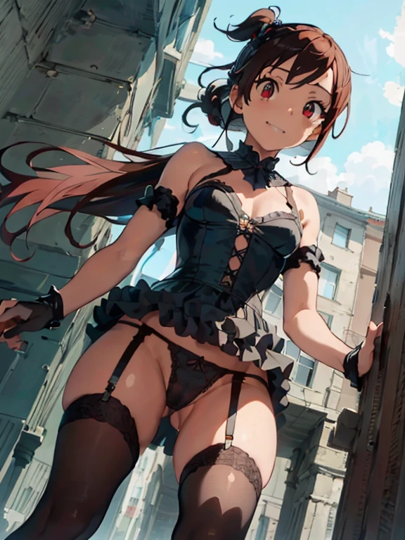 (((Highest quality)), ((masterpiece)), (detailed), prison, One girl, bare shoulders, femdom, dominatrix, black bustier, black stockings, black g-string, black high heels, black garter belt, black elbow gloves, ass pov, ((((from below)))), looking at viewer, evil grin, 独奏, female standing, whip)), wielding a whip at viewer,