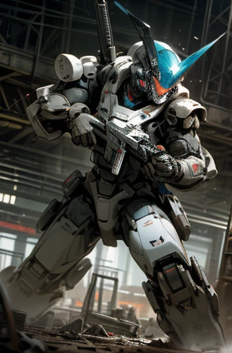 roboT,meca,droid,human_not,ruins,holding_Assault rifle,battle with enemy,dynamic scene,dynamic angle,masterpiece,best quality,super detailed,super fine illustration