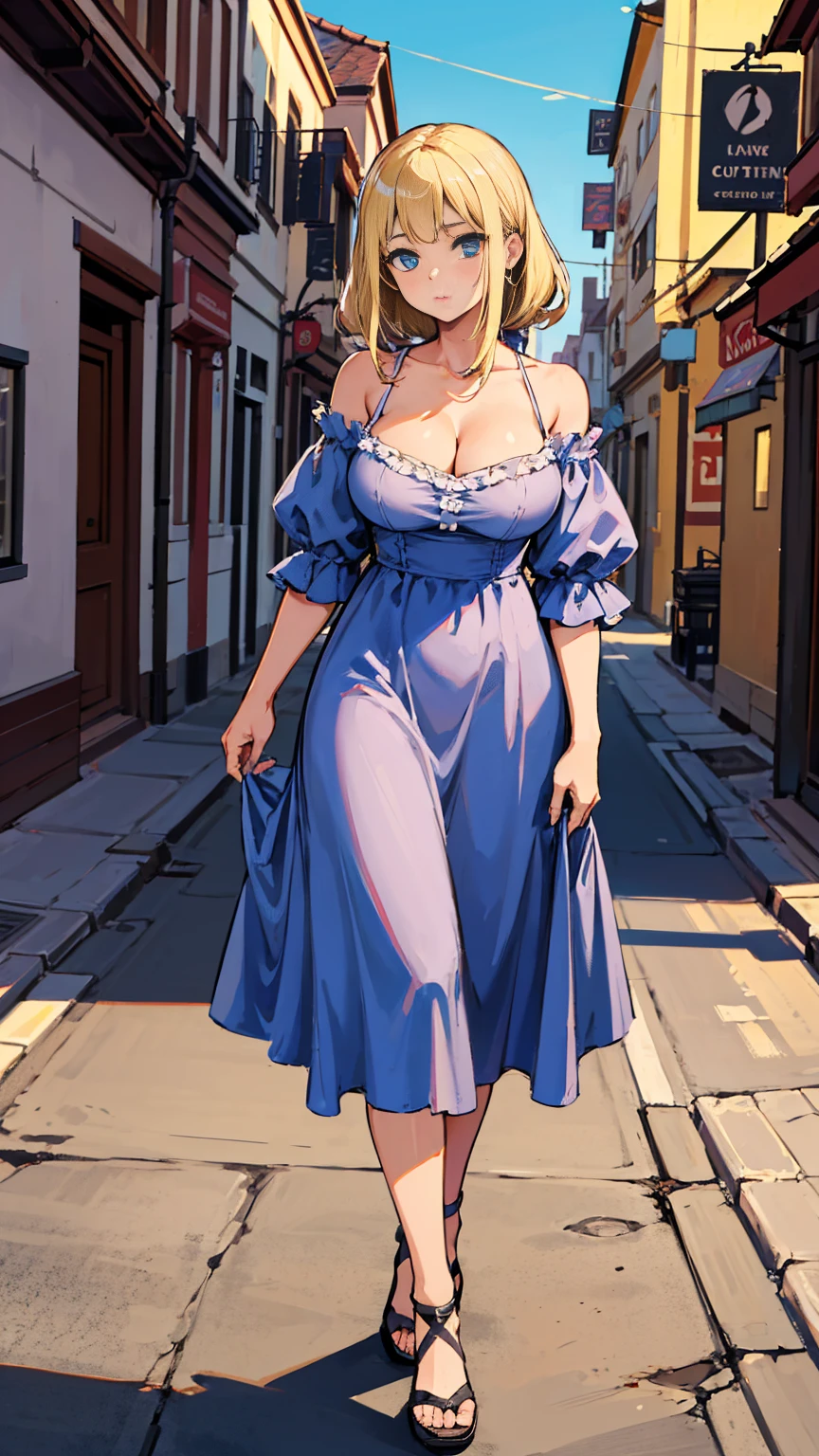 Highest quality, masterpiece, Intricate details,, Super detailed, Old fashioned young woman, Wearing a peasant dress, No neckline, Blonde, Perfect details and blue eyes, Walking around the old town, HD quality, 8k, One young woman, 20-year-old,Large Breasts