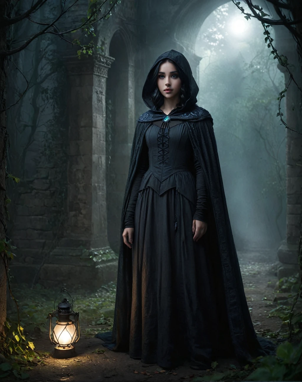 (((masterpiece)))((intricate detail))((8k UHD resolution))((full body shot))  illustration of  daughter of severus snape, of a girl in a dark hooded cloak, ,long black hair, (intricate details) , green eyes , standing in a dim, shadowy environment, holding a glowing orb of energy in her hands which emits a soft, ethereal light. Surrounding her are numerous small lights in shades of {blue|purple}, casting a faint glow similar to candlelight. The atmosphere is {mysterious|otherworldly}, with a misty haze drifting around her feet. The ground beneath her is reflective, creating a mirrored effect that adds to the surreal ambiance. Subtle textures of ancient, worn stones and creeping vines can be seen in the background, hinting at a hidden, mystical place. The scene is quiet and enigmatic, with the girl's face partially obscured by the hood, her eyes focused intently on the luminous orb. [Best quality], [Masterpiece], [Ultra-detailed], [4k], {serene|intense} atmosphere, {mystical forest|ancient ruins}, {dynamic pose|relaxed pose}, low light, {soft shadows|dramatic lighting}, {reflected light on the ground:0.7}, {misty haze:0.6}, {glowing plants:0.5}, {creeping vines:0.4}, {ancient stones:0.3}.
