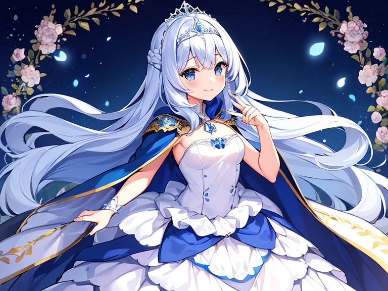 best quality,(long train blue cape:1.15),(long train white ball gown with floral decoration:1.15), a girl is wearing a cape over her dress, anime style, rococo style, little princess, tiara, kind smile, very long hair, small breast, perfect fingers, masterpiece