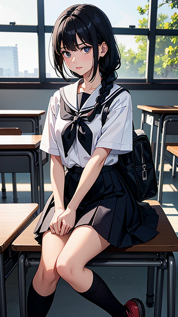 Beautiful attention to detail, Beautiful lip detail, Very detailed目と顔, Long eyelashes, 1 girl, Face close-up, inside the School, In the classroom, 18-year-old, Sweat, Dark skin, (Black hair braid),dissatisfaction, Sulky, Sailor suit, Dark Blue, White shirt, Short sleeve, School, Dark Blue Skirt, Black Skirt, Knee-high socks, sneakers, School bag, Highest quality, 4K, 8k, High resolution, masterpiece:1.2, Very detailed, Realistic, photoRealistic, photo-Realistic:1.37, High resolution, 超High resolution, Studio Lighting, Ultra-fine painting, Sharp focus, Physically Based Rendering, Very detailed説明, Professional, Vibrant colors, Bokeh, Portraiture