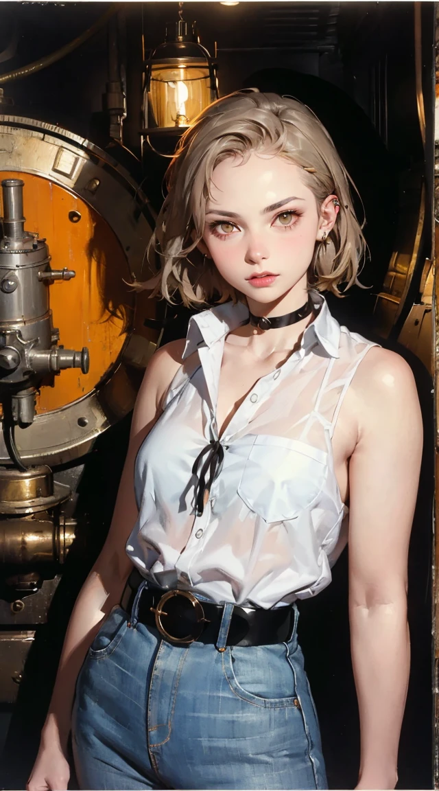 tank girl character, military helmet, piercings, shotgun, in a tank, (art inspired by Skottie Young and Bill Sienkiewicz). oil painting) masterpiece, Highest quality, Perfect Face, Highest Resolution, Highest quality,Detailed depiction of the eyes, 1 girl, young, slender body, Short, deep tan skin, slate gray hair, short hair, upturned eyes, Yellow Orange eyes, Perfect Anatomy, steampunk, ribbon choker, Work clothes, steam locomotive, station