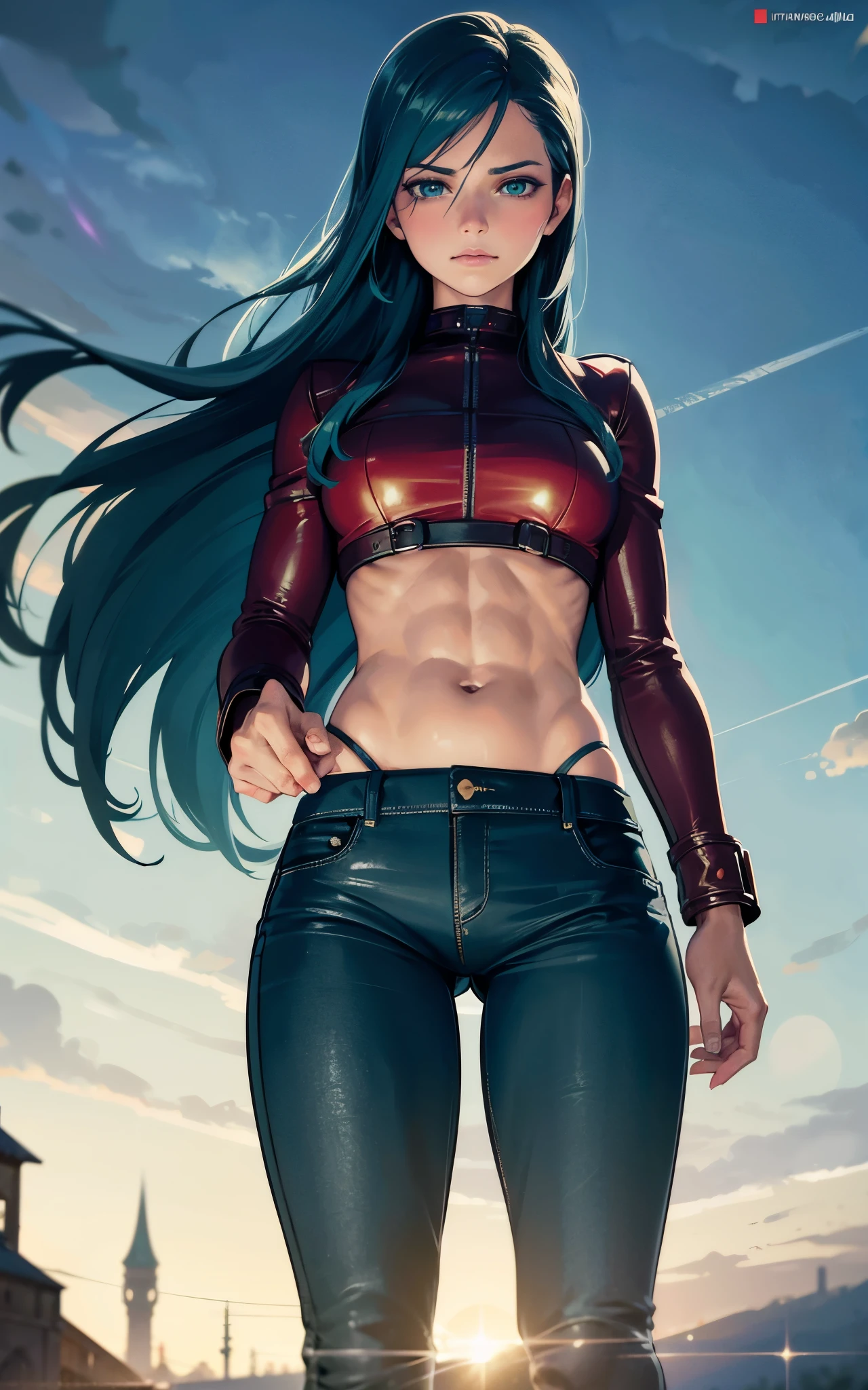 (Alicia Vikander:Evangeline Lilly), green light, glowing eyes, pov below, wind,, masterpiece, best quality, 1girl, cool, serious, medium breasts, long hair, blue hair, red leather jacket, crop top, tight jeans, green eyes, abs