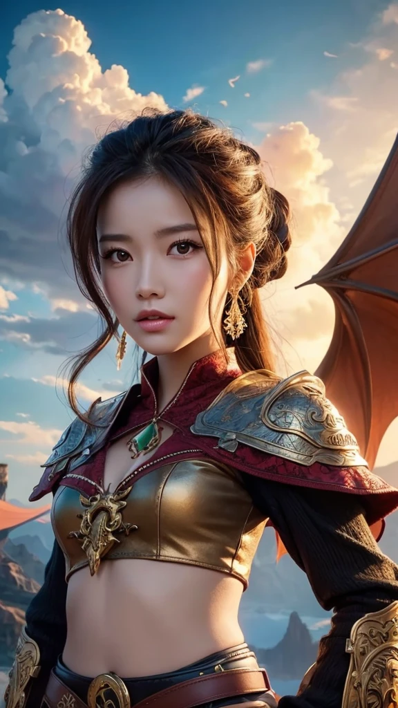 sfw, 1girl, cowboy shot, dynamic pose, 20 years old, beautiful chinese girl, detailed face, asymmetrical bangs, (double buns, hair flower, facing viewer, small face, happy, smile, dimple, brown eyes, lipstick, brush, long winged eye liner, long eyelashes, nose contouring, symmetrical eyes, chiselled jaw line),((large breasts:1.2), defined abs, narrow waist), (pink chinese clothes, armor, shoulder armor, long sleeves, wide sleeves, see-through sleeves, jade necklace, jade bracelet, jade hair stick, forehead mark:1.5), (nice hands, perfect hands), high detail skin, real skin, (blue sky, cloud, mountain, falling petals, flowers, sun light, backlighting:1.4), (masterpiece, top quality, best quality, official art, beautiful and aesthetic:1.2), extreme detailed,((colorful refraction)), (beautiful detailed sky), Life optical flow,((dark intense shadows)), ((cinematic lighting)), ((sharp focus)), ((masterpiece)), ((best quality)), epic cinematic, soft nature lights, rim light, absurd, amazing, funny, itricate, hyper detailed, ultra realistic, soft colors, <lora:anxiang:0.3> <lora:Swordism_Girl:0.4> <lora:GoodHands-vanilla:1> <lora:more_details:0.3>
