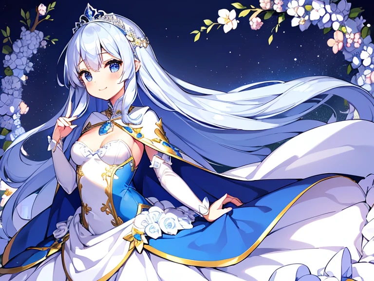 best quality,(long train blue cape:1.15),(long train white ball gown with floral decoration:1.15), a girl is wearing a cape over her dress, anime style, rococo style, little princess, tiara, kind smile, very long hair, small breast, perfect fingers, masterpiece