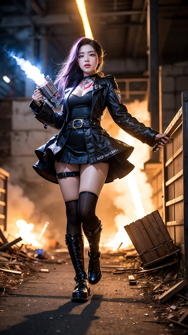 Classic Jinx from League of Legends by Riot Games: Jinx in her classic outfit, massive k-cups,a punk-inspired look with a pink and blue color scheme, wielding her massive rocket launcher, Fishbones, and her mini-gun, Pow-Pow, unleashing a barrage of rockets from Fishbones, causing explosions all around, with "Super Mega Death Rocket!" launching a massive rocket leaving a trail of destruction.