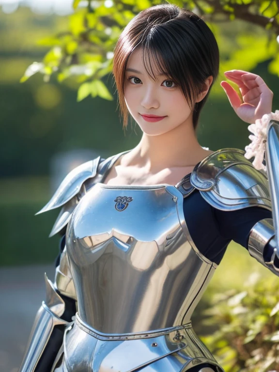 20 year old Japanese beauty，Slim and cute、Bulge of lateral breasts、Slit eyes、A head-to-toe view，Bust is very very large、The background is a European castle、High quality photos、Clear, crisp images of the lower body、Masterpiece 8k、Smiling、A female knight in transparent armor、I have a mushroom in my hand