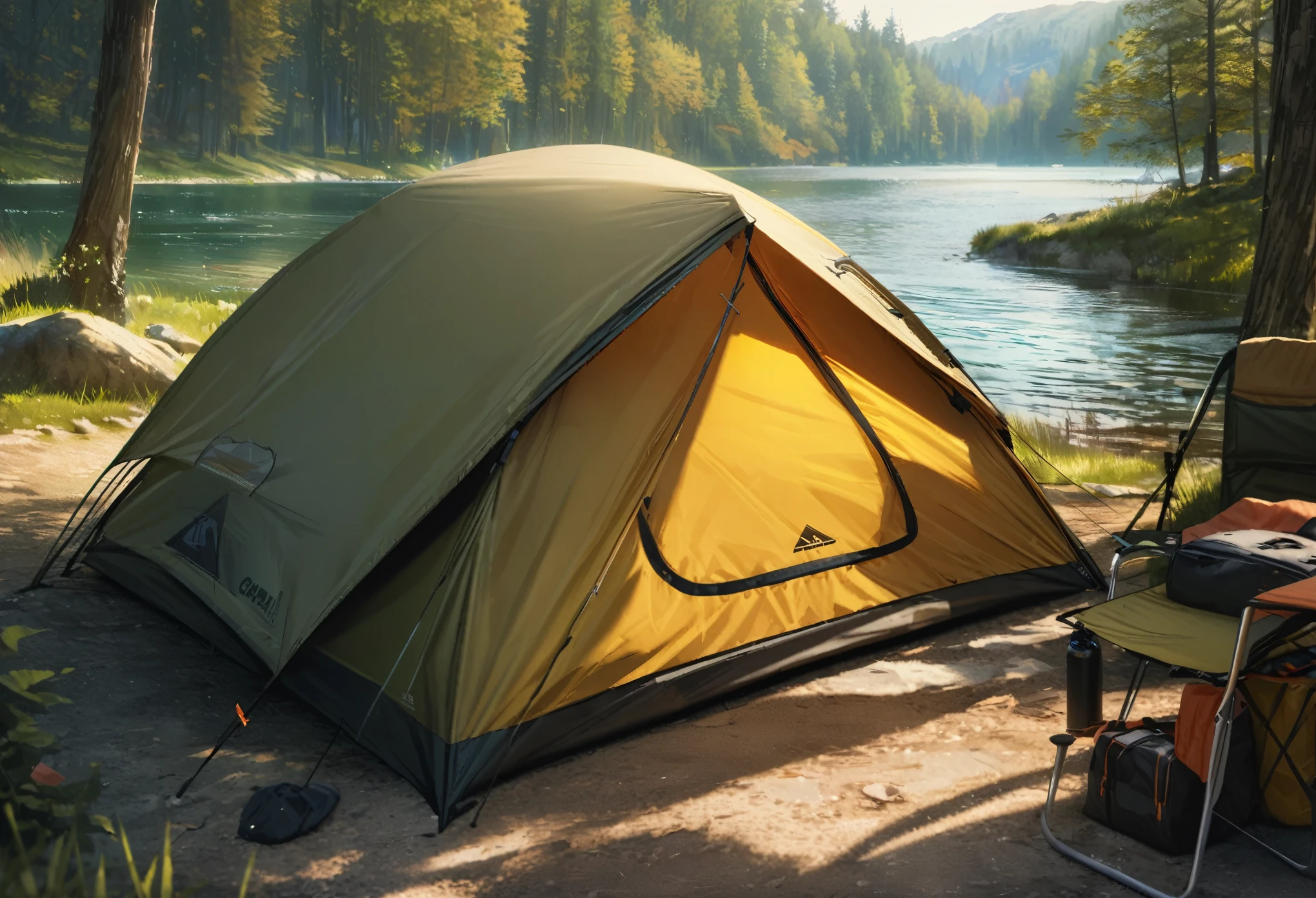 lake,camp site,The view is great.,tent,Camping Goods,Highest quality, 8k, High resolution, masterpiece:1.2, Very detailed, Realistic:1.37, High resolution, 超High resolution, Very detailed, Professional, Vibrant colors