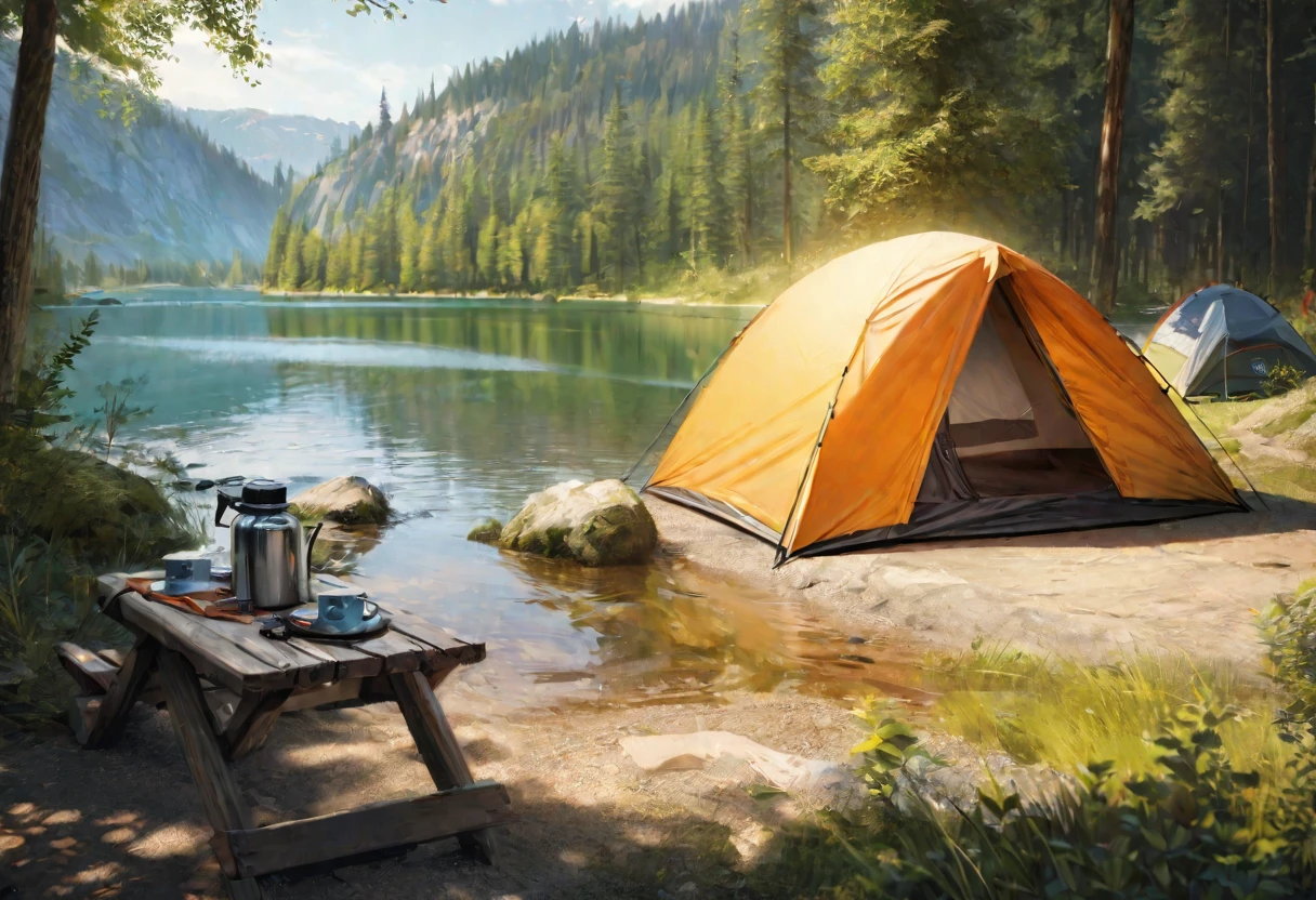 lake,camp site,The view is great.,tent,Camping Goods,Highest quality, 8k, High resolution, masterpiece:1.2, Very detailed, Realistic:1.37, High resolution, 超High resolution, Very detailed, Professional, Vibrant colors