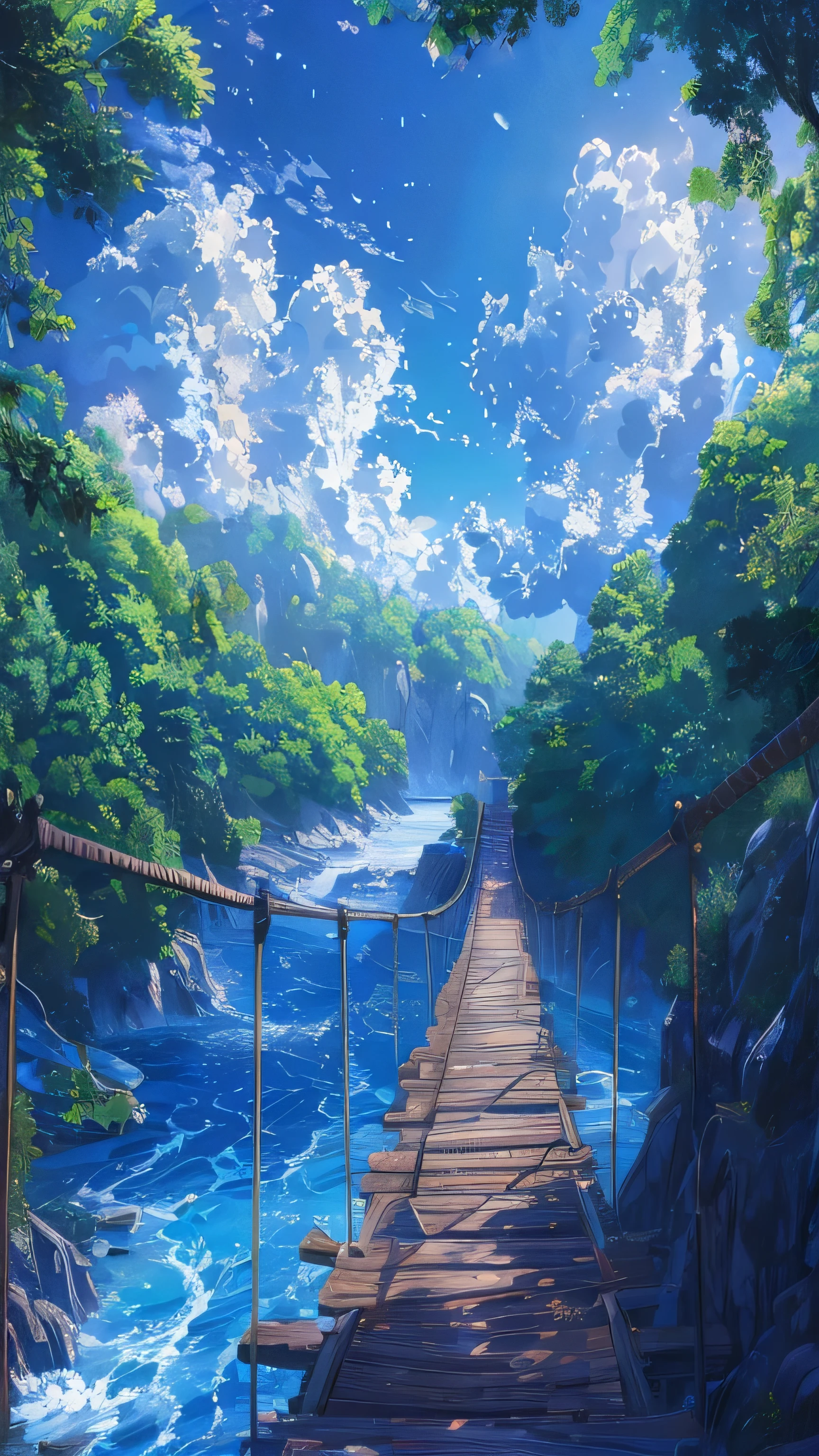 Anime Landscape of a bridge over a river with a sky background, beautiful Anime Landscape, Anime Landscape wallpaper, Anime Landscape, Anime Nature, Anime Nature wallpap, Anime Landscape, Anime Background art, Anime Background, Anime beautiful peaceful scene, Beautiful anime scene, Wallpaper Anime Blue Water, Anime rural scenery, Detailed scenery —width 672, Landscape Artwork