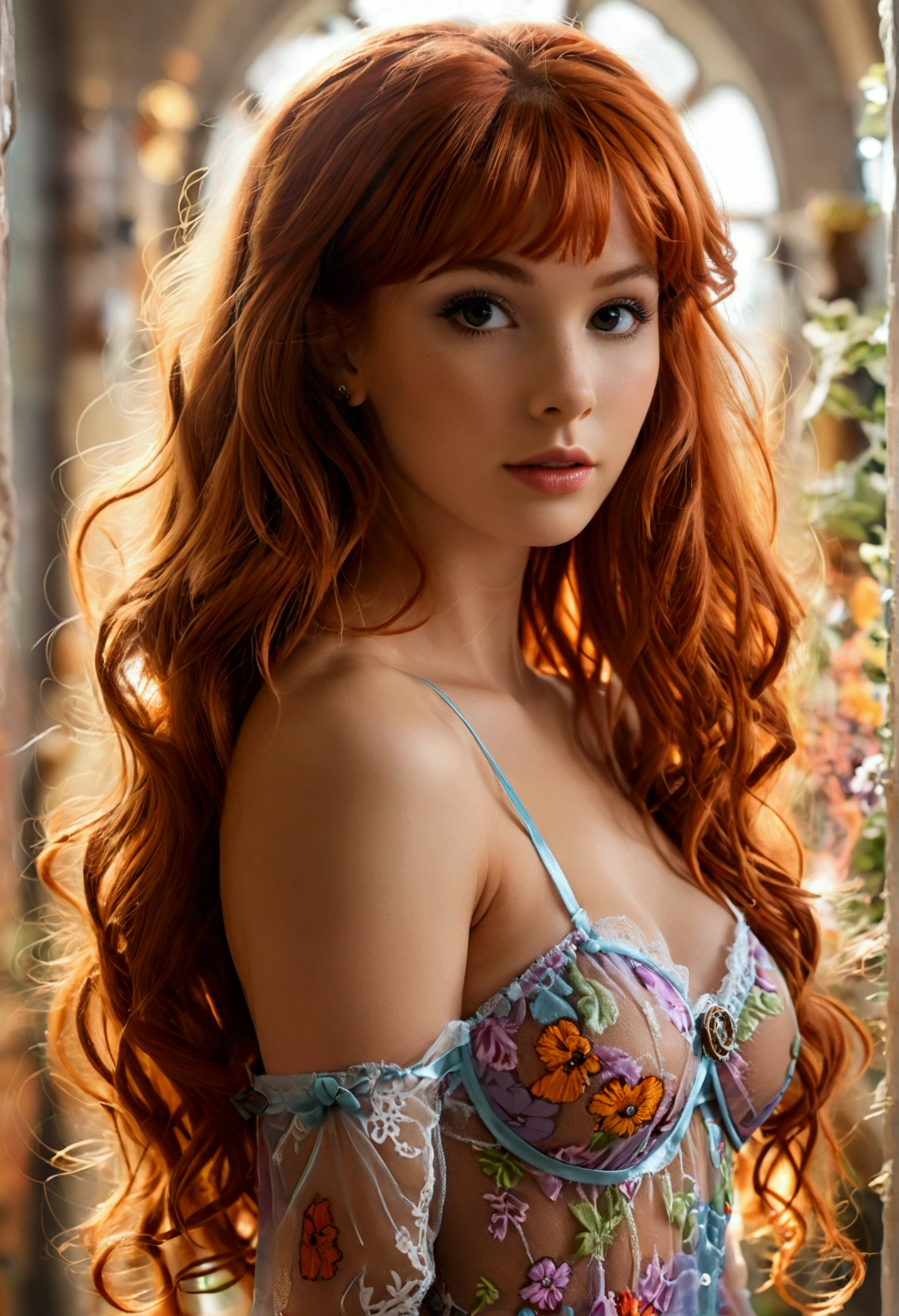 (full body shot:1.1) photorealistic image of a (standing pose:1.1) woman, ultra realistic, photography, long red hair, girl, 24 years old, hourglass figure, perfect body, Flirty look, natural medium breasts, blur background, cosplay of daphne from scooby-doo, best quality, wearing transparent strapless babydoll lingerie dress