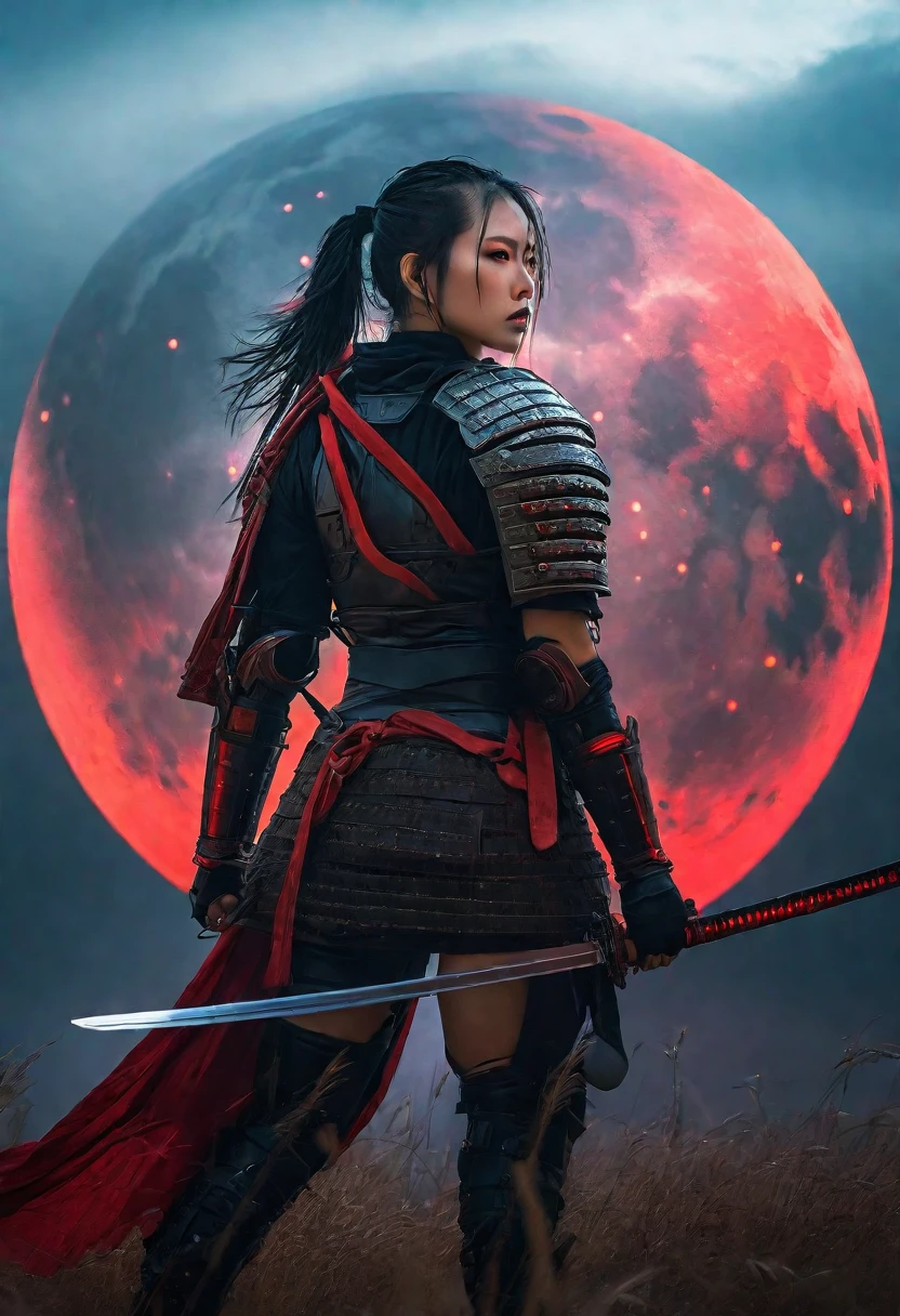 arafed image of a woman in a warrior outfit holding a sword, very beautiful cyberpunk warrior, female warrior, Bad guy anime 8k, warrior warrior, warrior portrait photo, Inspired by the, Red Moon, Ghost of Tsushima, 日本warrior, demon warrior warrior, Red sun, warrior, warrior style, portrait of a cyberpunk warrior