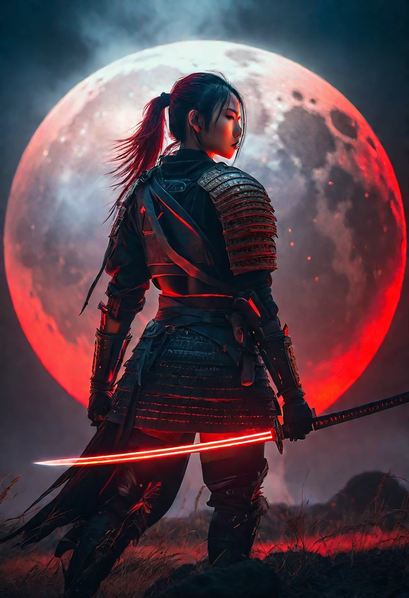 arafed image of a woman in a warrior outfit holding a sword, very beautiful cyberpunk warrior, female warrior, Bad guy anime 8k, warrior warrior, warrior portrait photo, Inspired by the, Red Moon, Ghost of Tsushima, 日本warrior, demon warrior warrior, Red sun, warrior, warrior style, portrait of a cyberpunk warrior