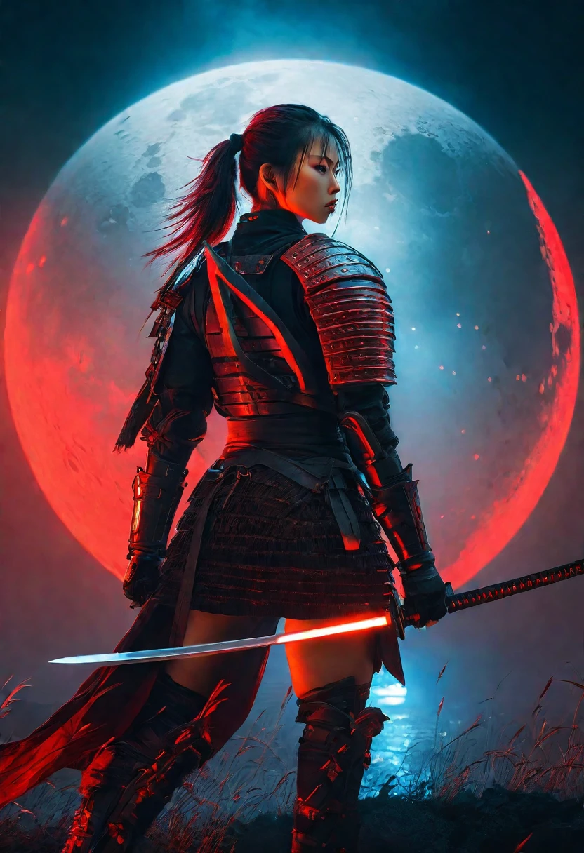 arafed image of a woman in a warrior outfit holding a sword, very beautiful cyberpunk warrior, female warrior, Bad guy anime 8k, warrior warrior, warrior portrait photo, Inspired by the, Red Moon, Ghost of Tsushima, 日本warrior, demon warrior warrior, Red sun, warrior, warrior style, portrait of a cyberpunk warrior