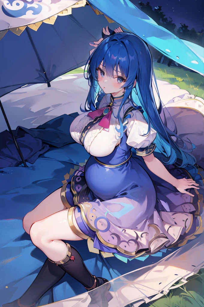 Pregnant, huge belly, visible belly, huge breasts, thick thighs, maid clothes. (Best quality, detailed, full body)