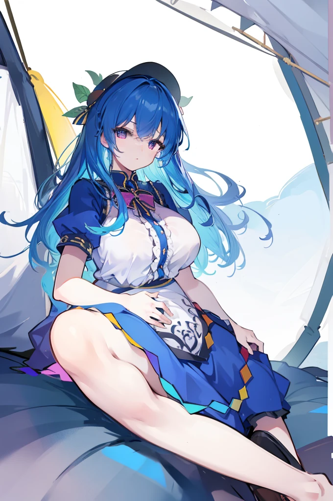 NSFW,Girl in a white skirt,Tiara on the head,((bared chest)),(Blue and green eyes),(Heterochromia),(short blue hair) ,Revealing clothes, ((1man with 1woman,Having sex)), Cowgirl, High resolution,Best Quality
