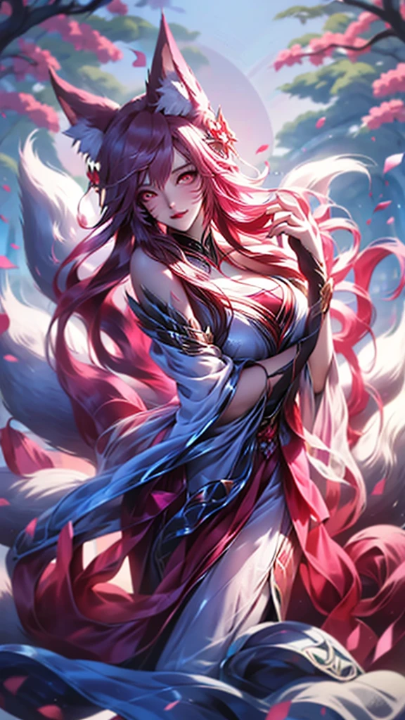 CGI, realista, 8k, ultra detalhado, lighting, fundo de floresta, noturno, lua cheia, Menina anime com cabelo rosa e olhos azuis em uma floresta, deusa anime, uma bela mulher kitsune, ((uma bela imperatriz fantasia)), raposa nobushi, Onmyoji, arte detalhada Onmyoji, mulher bonita do anime, arte de fantasia de anime, anime fantasy illustration, arte de anime digital detalhada, Retrato de Onmyoji, Artgerm extremamente detalhado, Ahri personagem league of legends,