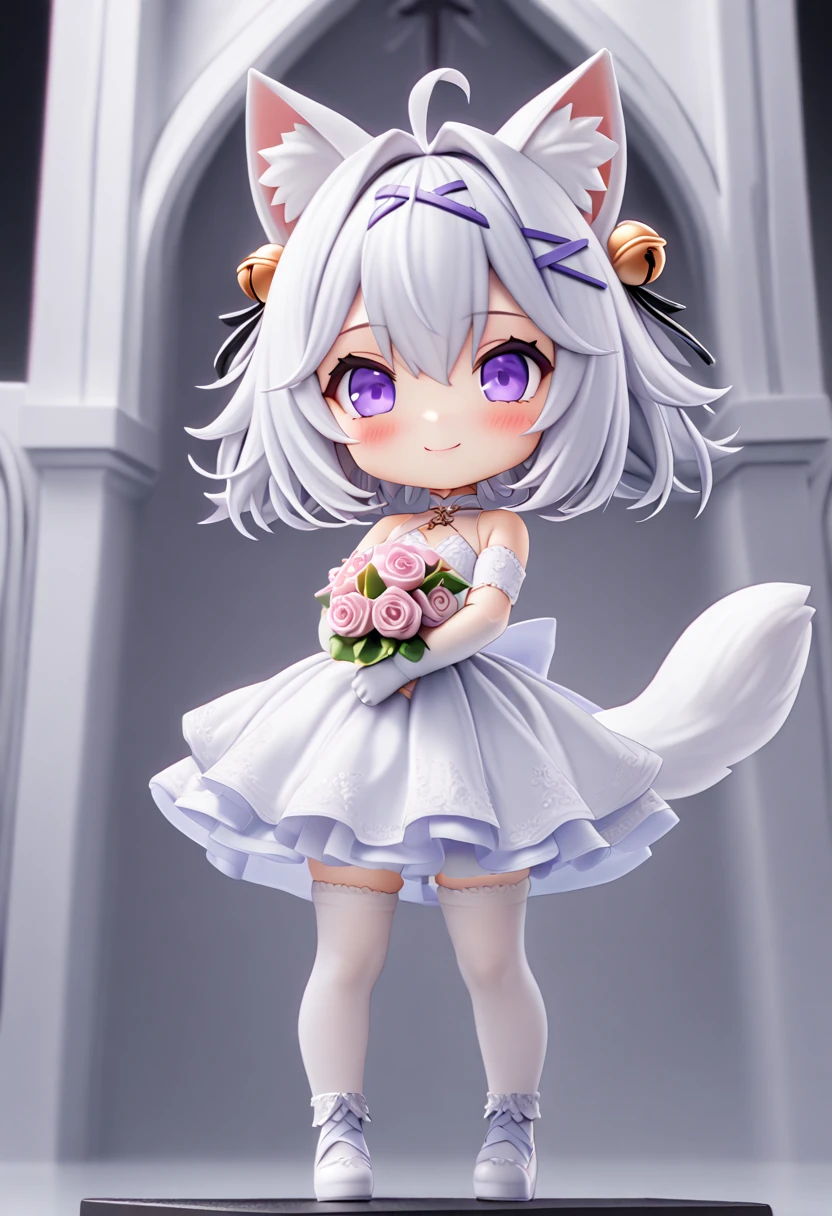 master piece, best quality, ultra-detailed, illustration, 1girl, solo, chibi, (big head), cute pose, front view, looking at viewer. Filiansailor, (((purple hairclip)) ), hair bell, white hair, short hair, cat ears, ahoge, purple eyes, blush, smiling, fluffy tail, long ponytail hair, wedding dress, long bridal veil, white arm sleeve, white gloves, holding bridal bouquet, white leg stockings, white high heals, nendoroid, church background, altar, center isle