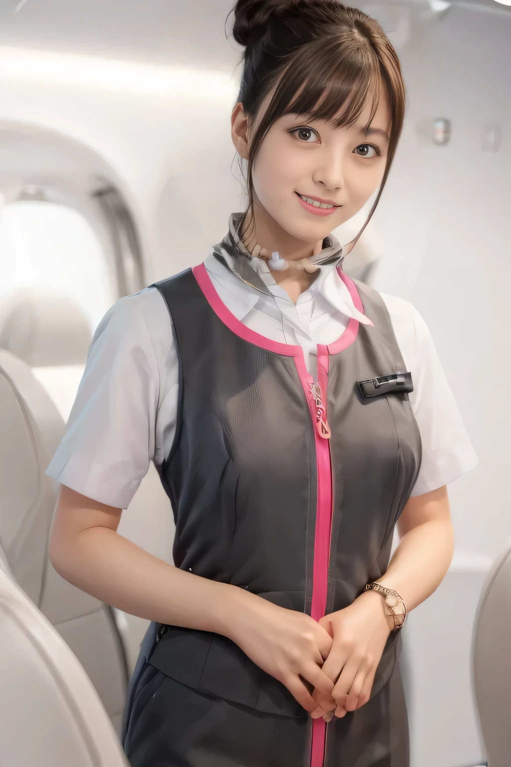 (masterpiece:1.2, Highest quality:1.2), 32k HDR, High resolution, (alone、1 girl)、（On the roof of a building、Professional Lighting）、daytime background、（Realistic style of JR Gran Class crew uniform）、Short sleeve blouse、a scarf around the neck、（JR Gran Class flight attendant uniform with pink parts on the skirt sleeves）、（The uniform of the flight attendants of JR Gran Class has a pink line on the front zipper of the vest..）、Dark brown hair、（Hair tied up、Hair Bun、Hair Bun）、Dark brown hair、Long Shot、Big Breasts、（（Great hands：2.0）），（（Harmonious body proportions：1.5）），（（Normal limbs：2.0）），（（Normal finger：2.0）），（（Delicate eyes：2.0）），（（Normal eyes：2.0））)、Luxury Necklace、smile、Beautiful standing posture,