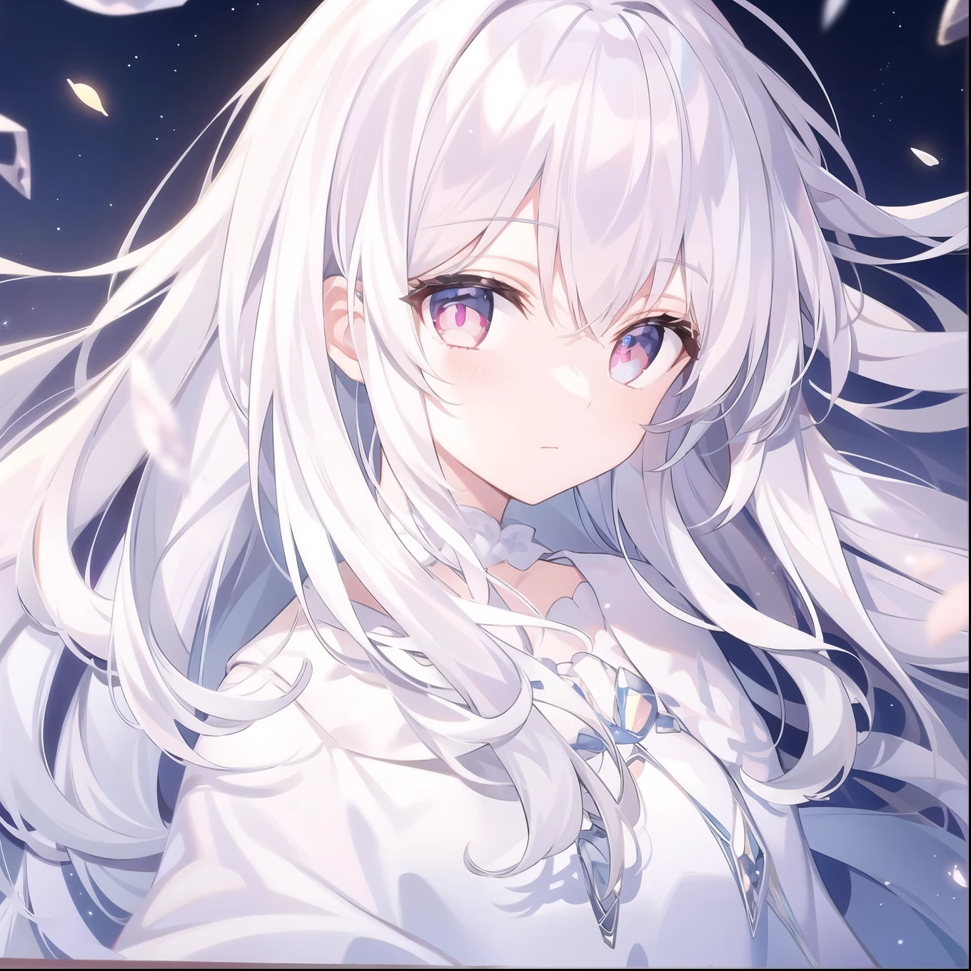 ((masterpiece, best quality))++, Detailed lighting+, Detailed hair+, Detail hand+ ,1 girl, Miss, Long hair, Crimson eyes, beautiful eyes, young white hair,,(Beautiful white hair:1.5),(Beautiful and delicate eyes), high resolution+,glass tint, Reflective eyes, {{angle}} , Very detailed wallpaper, The original, Air bangs,Extremely beautiful CG,Firefly,Galaxy,Shattered like a mirroghting,Galaxy