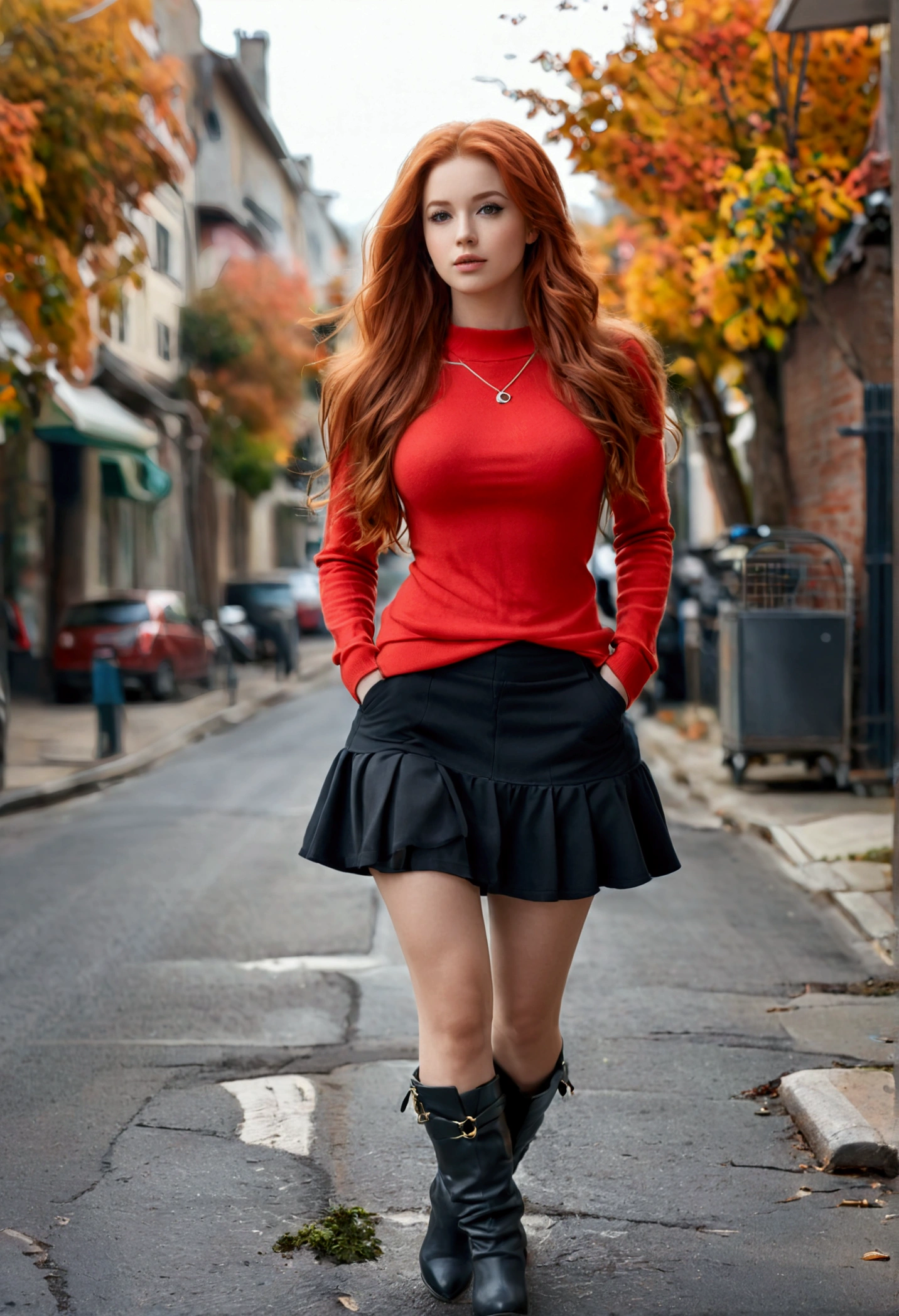 (full body shot:1.1) photorealistic image of a (standing pose:1.1) woman, ultra realistic, photography, long red hair, girl, 24 years old, hourglass figure, perfect body, Flirty look, natural medium breasts, blur background, walking on a street, red tight sweater, black mini skirt, large black boots