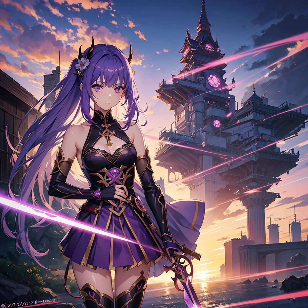 anime girl with a sword and a purple outfit in a city, anime monster girl, ayaka genshin impact, demon anime girl, high detailed official artwork, detailed key anime art, cushart krenz key art feminine, shadowverse style, official character art, anime moe artstyle, keqing from genshin impact, shalltear bloodfallen, official artwork