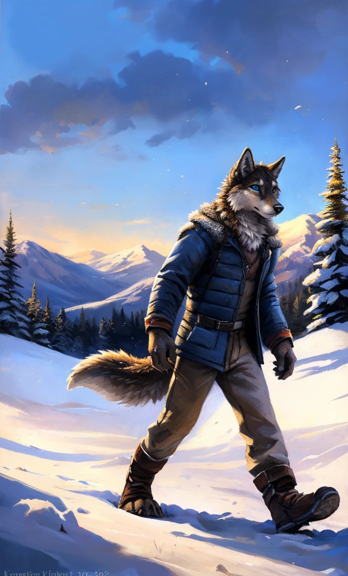 ((Solo)), male people, anthro wolf, (Multi-colored fur, White-brown:1.3,White tail pointed), (Height 2.1m,Tail length 1.2m), ((Wolf face, Big eyes, White eyelids, Blue pupil, Slim:1.2) (Tough, Calm expression:1.2)), Slim, pinging)), (Correct anatomy), (Winter clothing:1.1), The upper body naked, (detailed outfits),A long big tail,Feet,(Realistic fur, Detailed fur texture, labeled:1.3)), (Natural lighting), Photorealistic, Hyperrealistic, ultradetailed, by Kenket,Snowfield,erect through,Running on