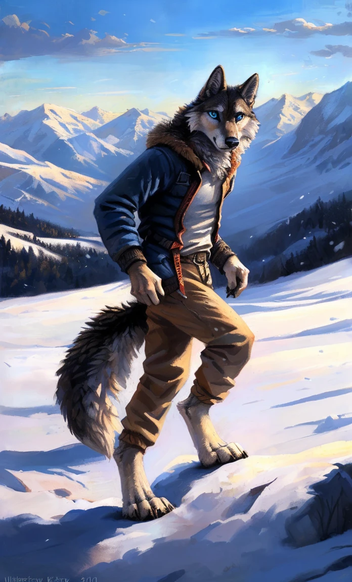 ((Solo)), male people, anthro wolf, (Multi-colored fur, White-brown:1.3,White tail pointed), (Height 2.1m,Tail length 1.2m), ((Wolf face, Big eyes, White eyelids, Blue pupil, Slim:1.2) (Tough, Calm expression:1.2)), Slim, pinging)), (Correct anatomy), (Winter clothing:1.1), The upper body naked, (detailed outfits),A long big tail,Feet,(Realistic fur, Detailed fur texture, labeled:1.3)), (Natural lighting), Photorealistic, Hyperrealistic, ultradetailed, by Kenket,Snowfield,erect through,Running on