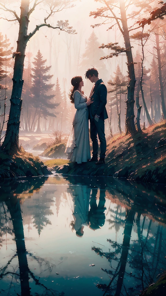 In the soft morning light of winter, a couple sits bathed in sunlight outside their rustic forest house. The man and woman, both bundled in cozy sweaters and sipping steaming mugs of coffee, are surrounded by a serene wilderness. The scene captures a peaceful and intimate moment, frozen in time like a beautifully detailed painting. The exquisite details of the couple's expressions, the delicate frost on the trees, and the play of light and shadow create a vivid and captivating image that radiates warmth and love. Moody color, high contrast Anime style look, high saturated colors