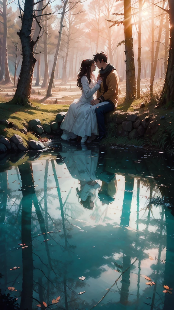 In the soft morning light of winter, a couple sits bathed in sunlight outside their rustic forest house. The man and woman, both bundled in cozy sweaters and sipping steaming mugs of coffee, are surrounded by a serene wilderness. The scene captures a peaceful and intimate moment, frozen in time like a beautifully detailed painting. The exquisite details of the couple's expressions, the delicate frost on the trees, and the play of light and shadow create a vivid and captivating image that radiates warmth and love. Moody color, high contrast Anime style look, high saturated colors