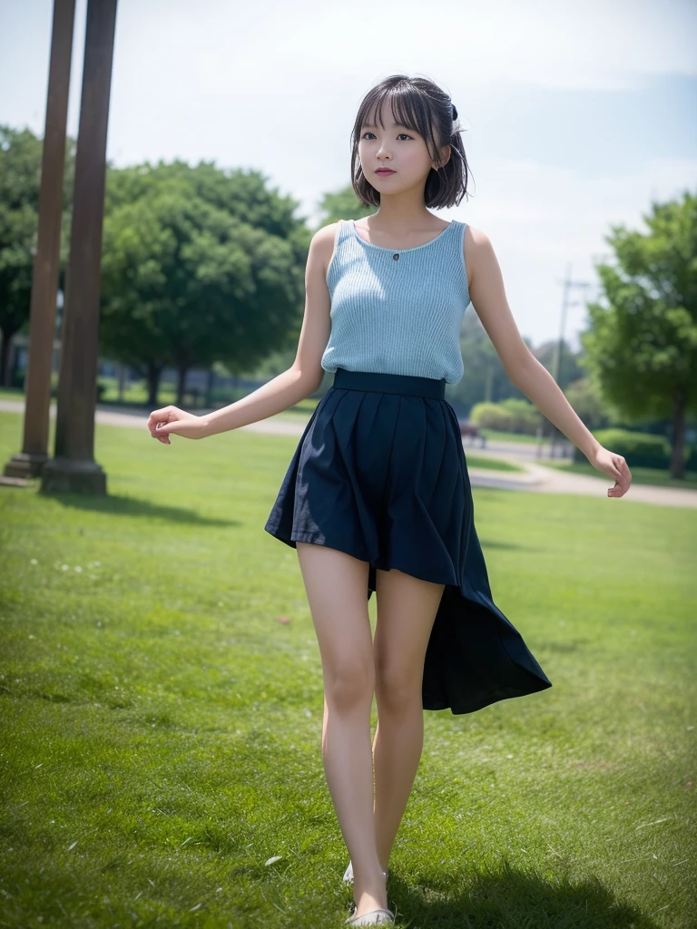 (masterpiece, Highest quality:1.4), Award-winning portraits, 8k, 85mm, alone, Beautiful Face, Delicate girl, (On the grass), Sophisticated, cute, 15 years old, RAW Photos, Confused, High resolution, Sharp focus, Background Blur、(((flat 、thin and delicate body、Childish atmosphere)))、Glossy short bob、Mole on the left cheek、 Dark blue eyes、the skirt is swaying in the wind、Hair swaying in the wind、sexy、flexible legs、naked、Angle shot from the ground