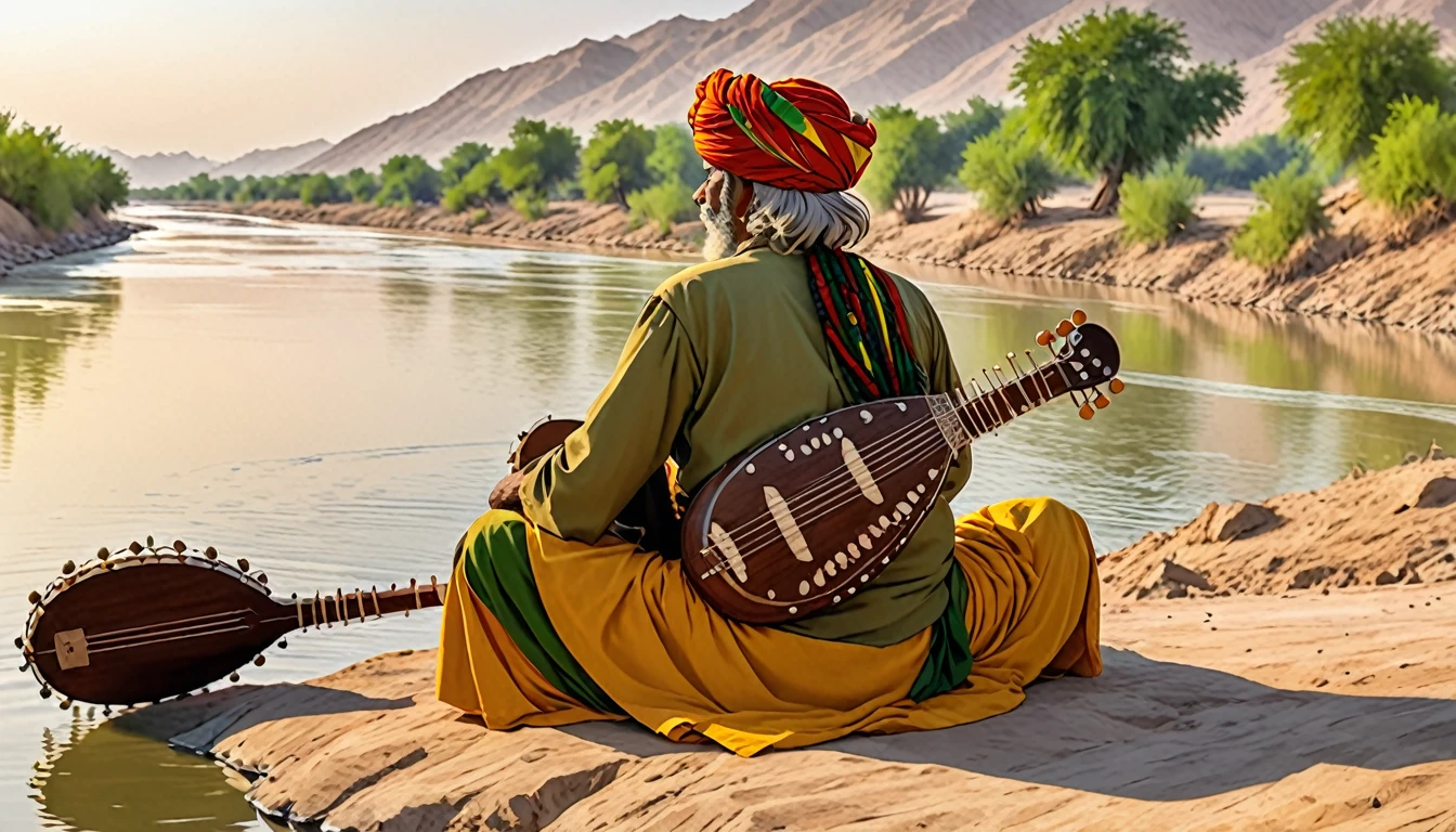 Shield of David,Indian,turbaned,Back view of an old man playing the sitar in the distance,On the banks of the Indus River,The clothes he wears are Rastafarian