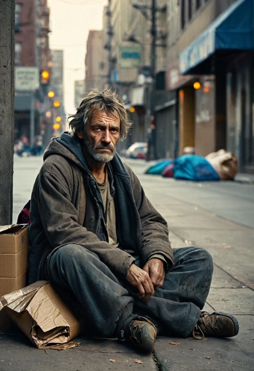 a homeless man sitting on a sidewalk, extremely detailed, photo-realistic, high quality, cinematic lighting, dramatic atmosphere, dirty clothes, unshaven face, tired expression, cardboard sign, urban city background, gritty, moody, somber, cinematic composition