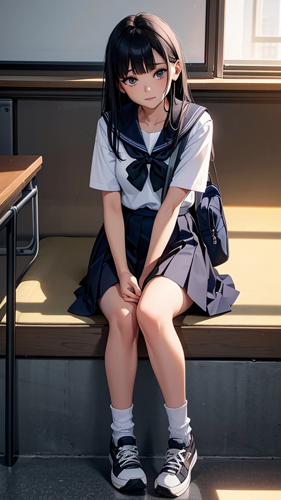 Beautiful attention to detail, Beautiful lip detail, Very detailed目と顔, Long eyelashes, 1 girl, Face close-up, inside the School, In the classroom, 18-year-old, Sweat, Dark skin, (Black hair, straight, no bangs),dissatisfaction, Sulky, Sailor suit, Dark Blue, White shirt, Short sleeve, School, Dark Blue Skirt, Black Skirt, Knee-high socks, sneakers, School bag, Highest quality, 4K, 8k, High resolution, masterpiece:1.2, Very detailed, Realistic, photoRealistic, photo-Realistic:1.37, High resolution, 超High resolution, Studio Lighting, Ultra-fine painting, Sharp focus, Physically Based Rendering, Very detailed説明, Professional, Vibrant colors, Bokeh, Portraiture