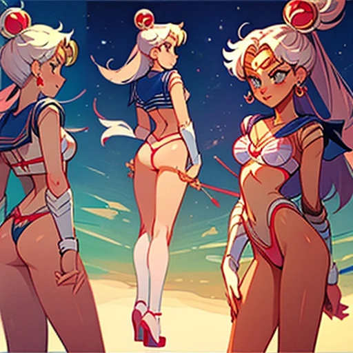 Erotic Lingerie ((Thong, bra and accessories))design inspired by sailor Júpiter (sailor moon), in various views (front and back) ((Character sheet))
