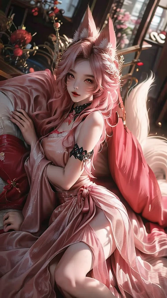 Twenty-five-year-old nine-tailed demon fox girl,Fox Eyes,Long pink hair above the waist,Wear antique sheer tulle,Lying on side on wooden bed，look ahead,