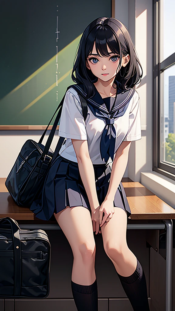 Beautiful attention to detail, Beautiful lip detail, Very detailed目と顔, Long eyelashes, 1 girl, Face close-up, inside the School, In the classroom, 18-year-old, Sweat, Dark skin, (Black hair medium curls),dissatisfaction, Sulky, Sailor suit, Dark Blue, White shirt, Short sleeve, School, Dark Blue Skirt, Black Skirt, Knee-high socks, sneakers, School bag, Highest quality, 4K, 8k, High resolution, masterpiece:1.2, Very detailed, Realistic, photoRealistic, photo-Realistic:1.37, High resolution, 超High resolution, Studio Lighting, Ultra-fine painting, Sharp focus, Physically Based Rendering, Very detailed説明, Professional, Vibrant colors, Bokeh, Portraiture