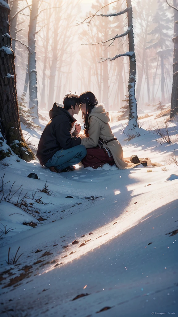 In the soft morning light of winter, a couple sits bathed in sunlight outside their rustic forest house. The man and woman, both bundled in cozy sweaters and sipping steaming mugs of coffee, are surrounded by a serene wilderness. The scene captures a peaceful and intimate moment, frozen in time like a beautifully detailed painting. The exquisite details of the couple's expressions, the delicate frost on the trees, and the play of light and shadow create a vivid and captivating image that radiates warmth and love. Moody color, high contrast Anime style look, high saturated colors