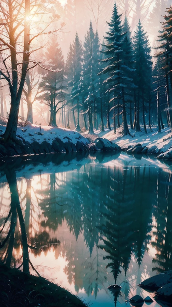 In the soft morning light of winter, a couple sits bathed in sunlight outside their rustic forest house. The man and woman, both bundled in cozy sweaters and sipping steaming mugs of coffee, are surrounded by a serene wilderness. The scene captures a peaceful and intimate moment, frozen in time like a beautifully detailed painting. The exquisite details of the couple's expressions, the delicate frost on the trees, and the play of light and shadow create a vivid and captivating image that radiates warmth and love. Moody color, high contrast Anime style look, high saturated colors